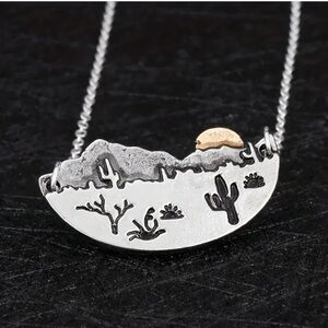 Bohemian Desert Sunset Cactus Pendant Necklace